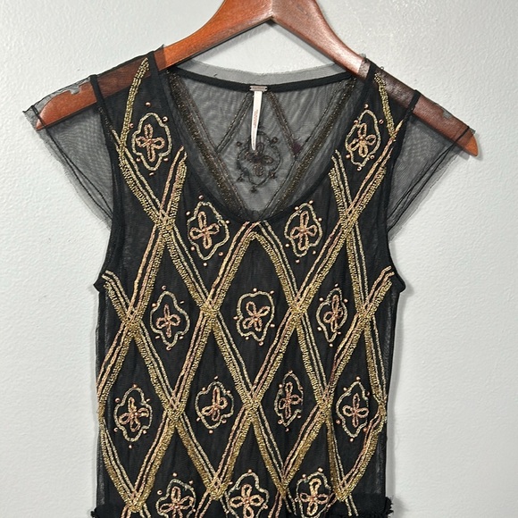 Free People S Black Mesh Tulle Shirt Beaded Embellished Boho Gypsy Tunic Top XS - Picture 2 of 9